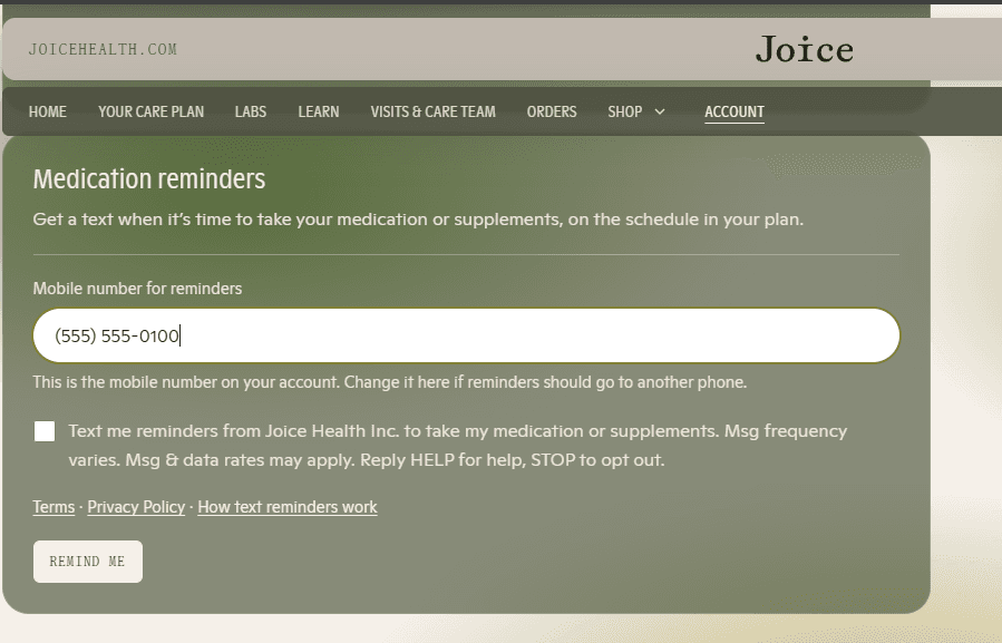 The Medication reminders card on the Account page of the Joice member portal, with the mobile number, the unticked consent box, the links to the Terms and Privacy Policy, and the Remind me button.